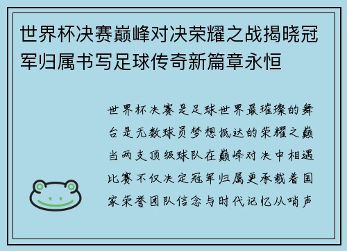 世界杯决赛巅峰对决荣耀之战揭晓冠军归属书写足球传奇新篇章永恒